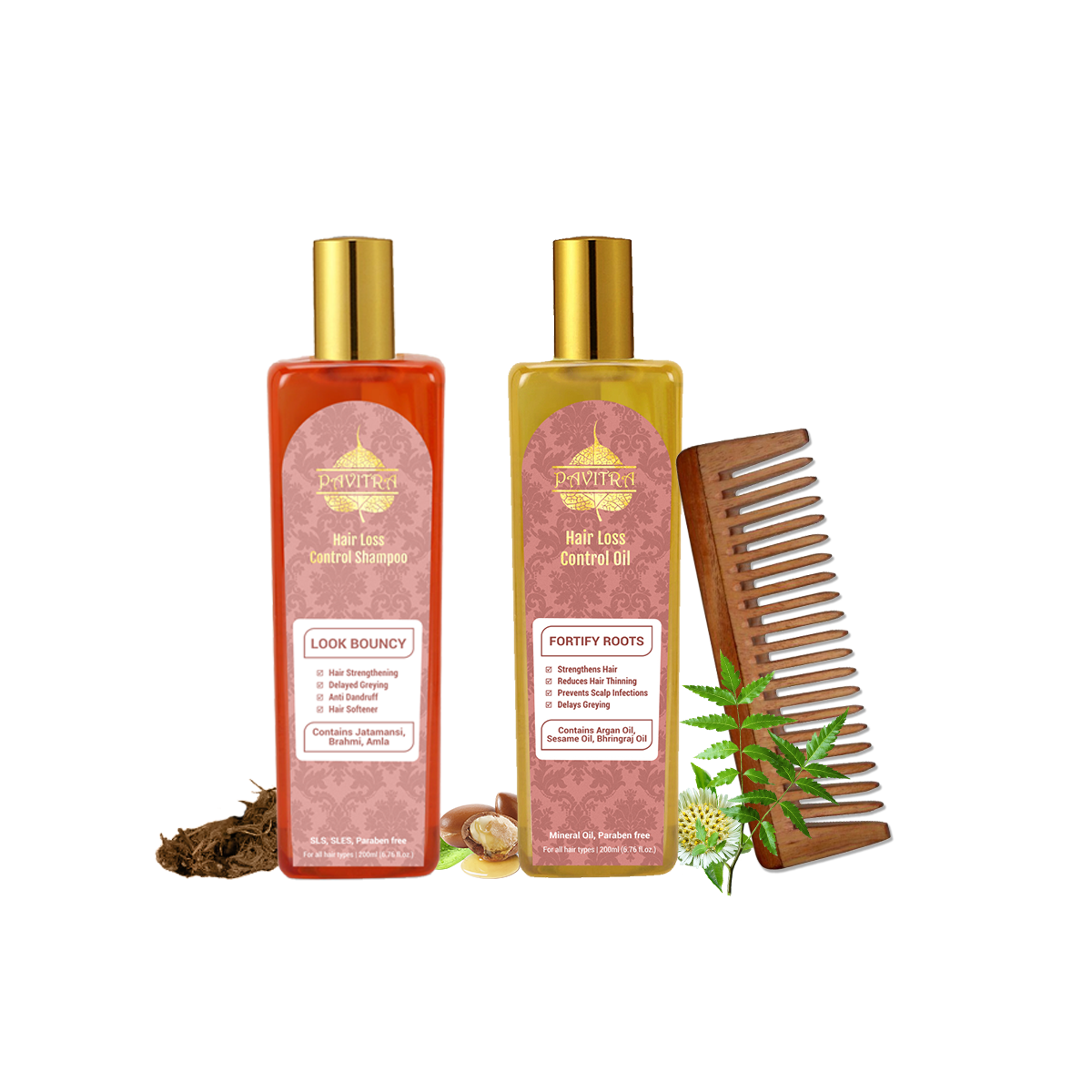 Hair Loss Control Shampoo + Hair Oil with Neem Wood Comb