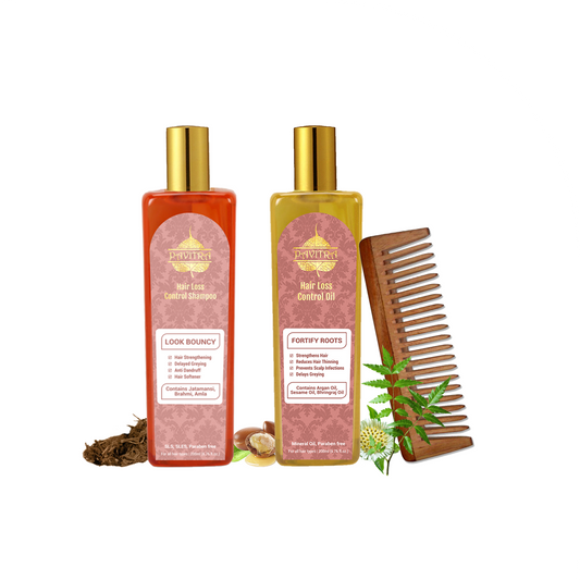 Hair Loss Control Shampoo + Hair Oil with Neem Wood Comb
